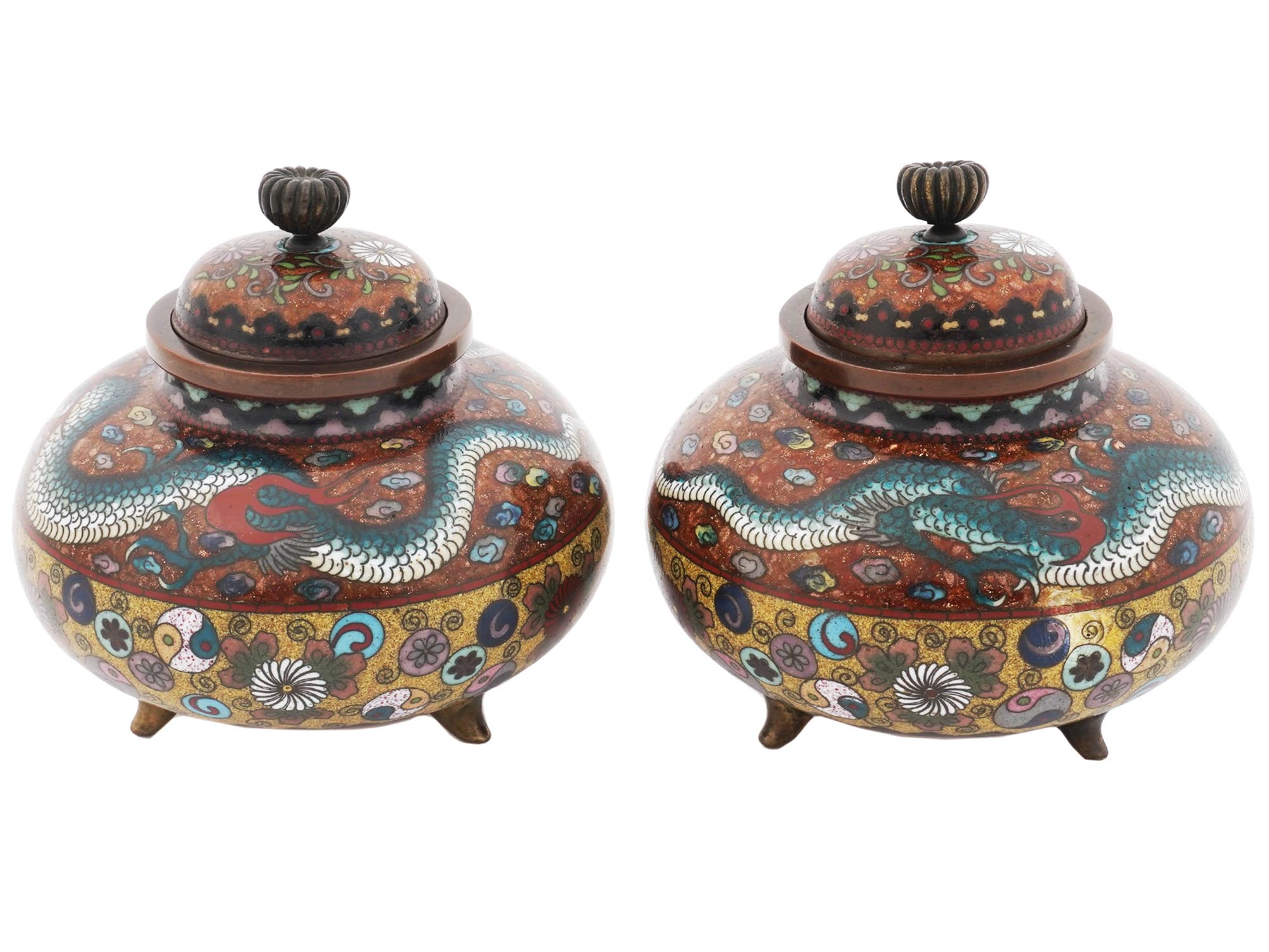 ANTIQUE JAPANESE CLOISONNE ENAMEL RED DRAGON JARS PIC-1